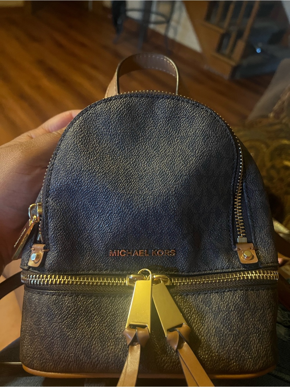 Michael Kors Black Leather Mini Backpack with Tan Trim